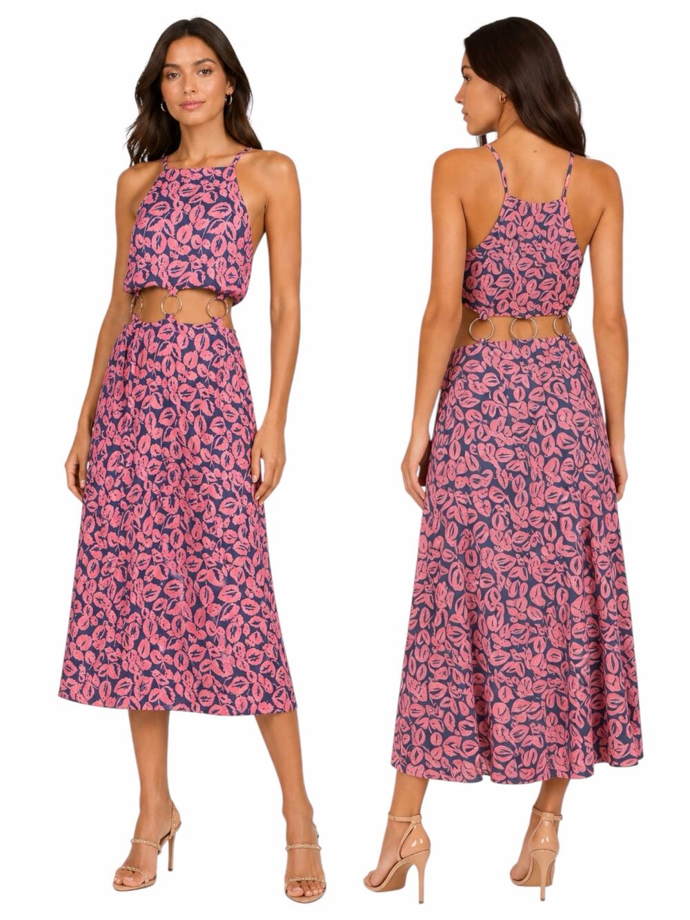 Likely Pink Cristina Leaf Print Cutout Midi Dress Nightshado Size 12
